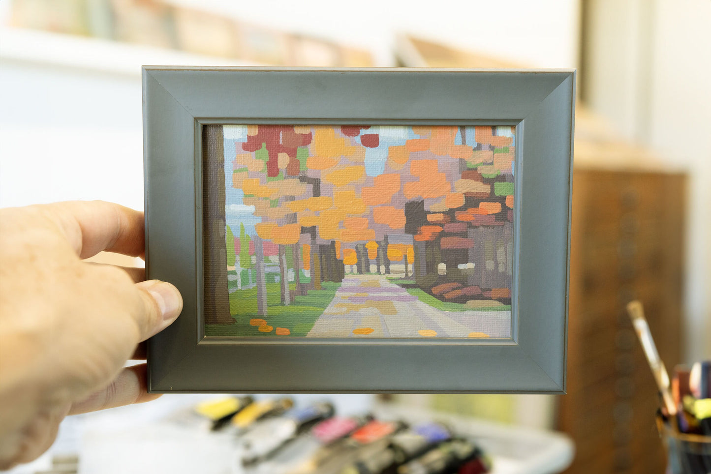 Original Gemälde – "Herbstsonne" - handgemalt – Acrylbild – 10x15 cm – Landschaft Bild – Einzelstück – mit Rahmen