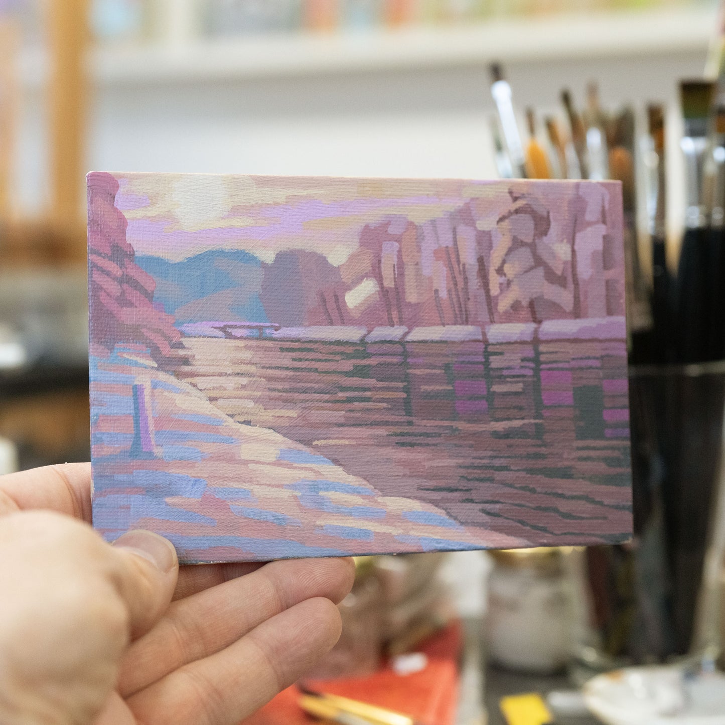 Original Gemälde – "Winter am Fluss" - handgemalt – Acrylbild – 10x15 cm – Landschaft Bild – Einzelstück – mit Rahmen
