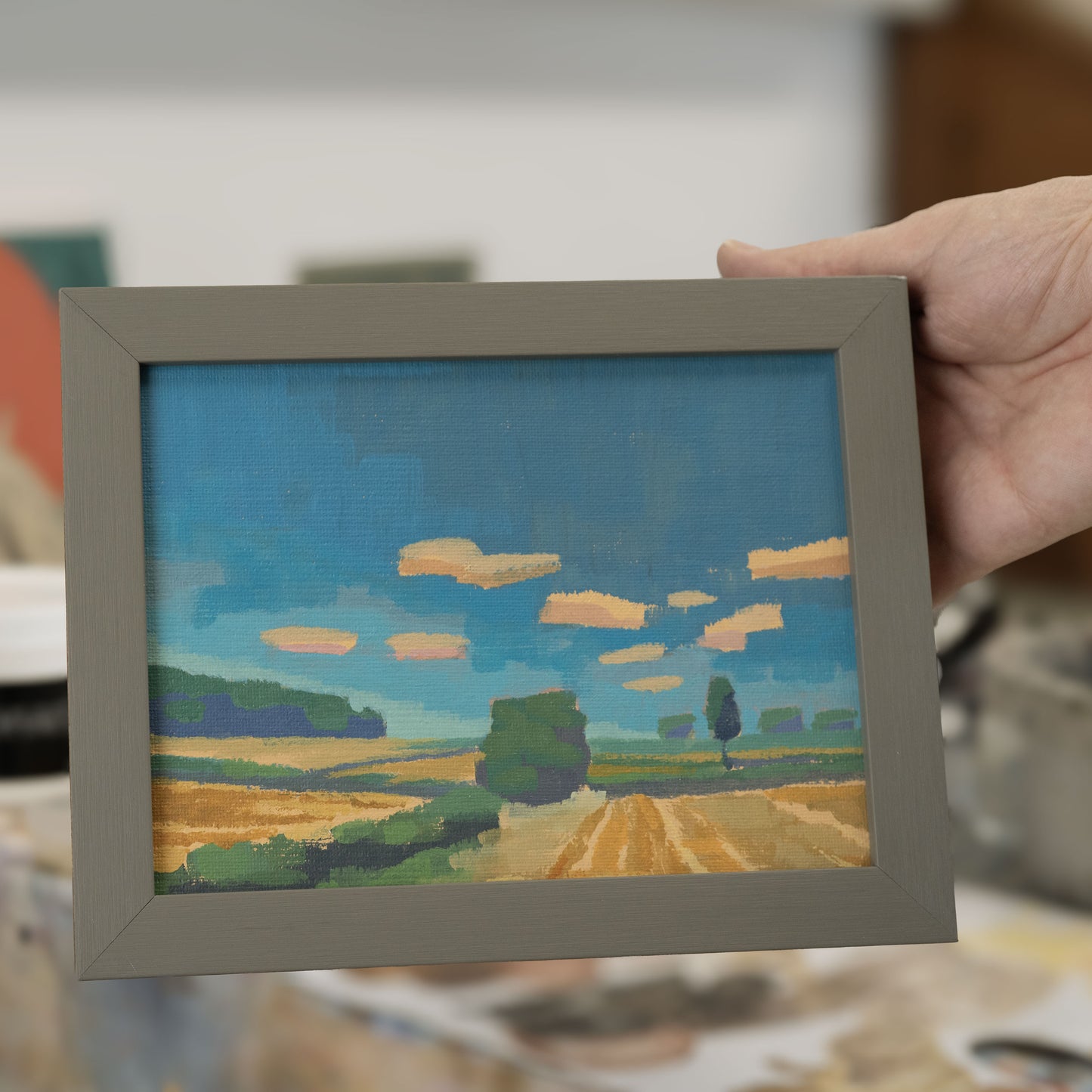 Summer clouds, unique, painting, hand-painted unique piece, 20 x 15 cm, with picture frame