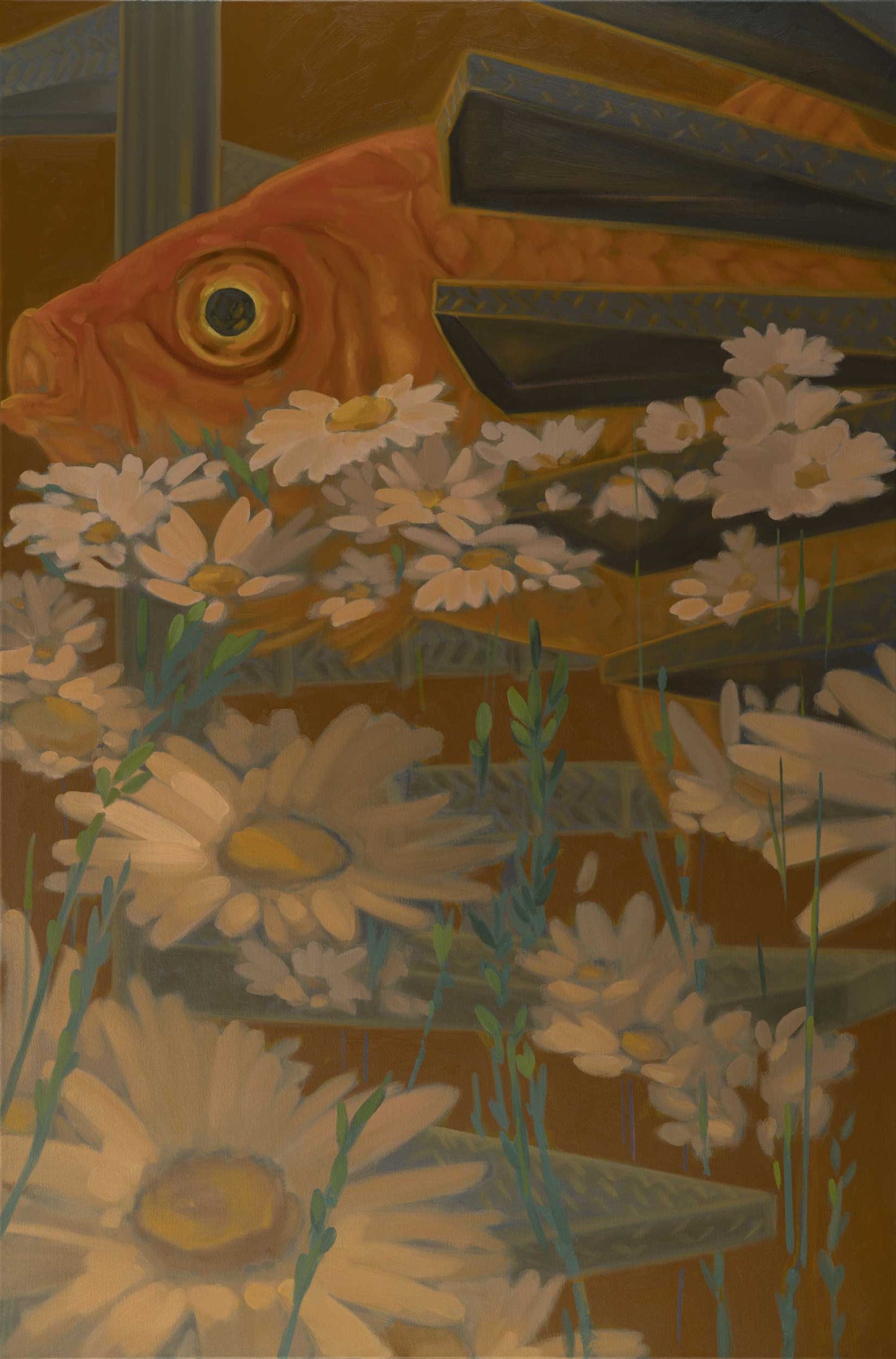 Goldfisch und Margeriten, Leinwanddruck, 30x20 cm, 60x40 cm, 75x50 cm, 90x60 cm, 120x80 cm