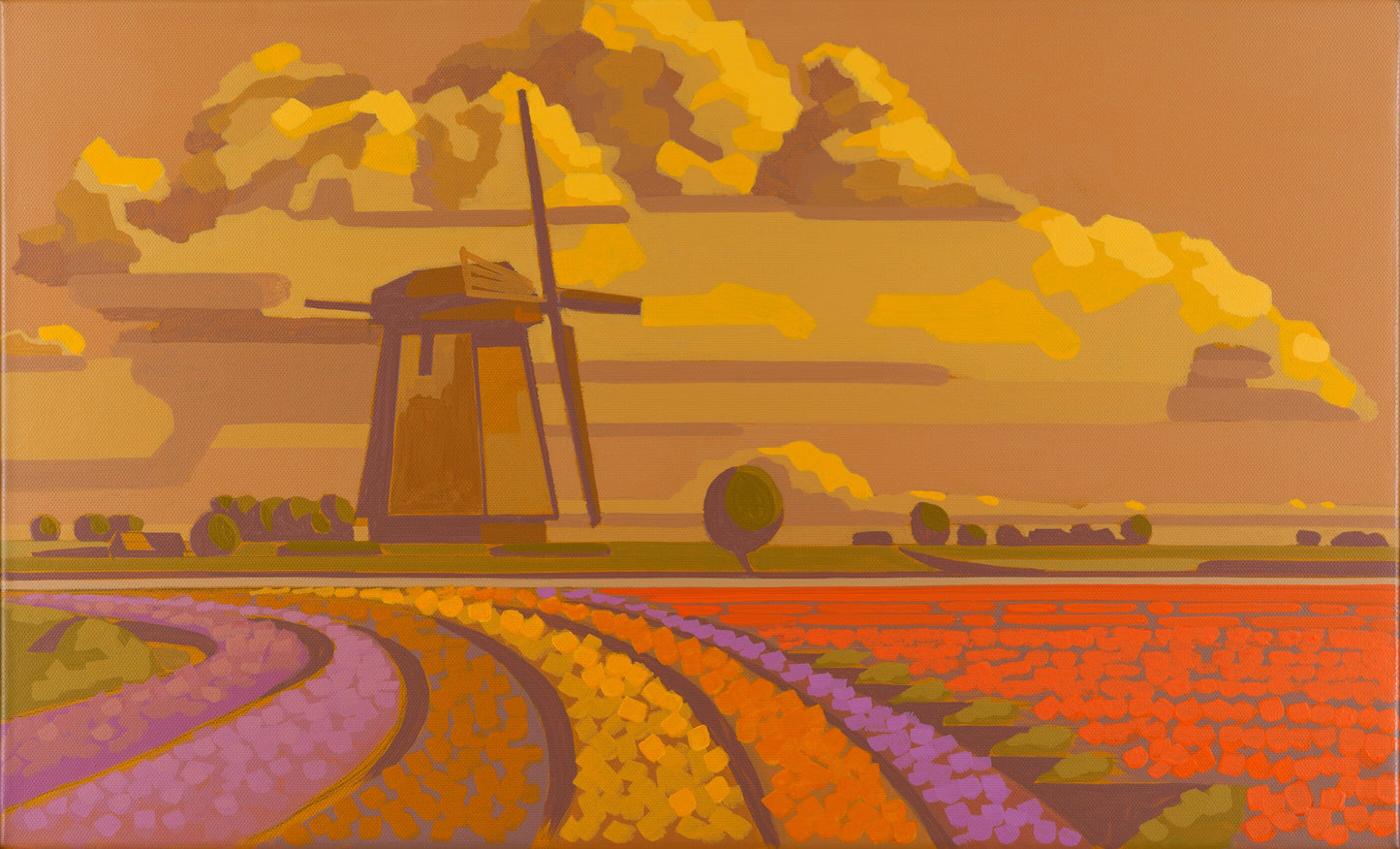 Windmill in Flower Field Landscape Wall Art Canvas Print