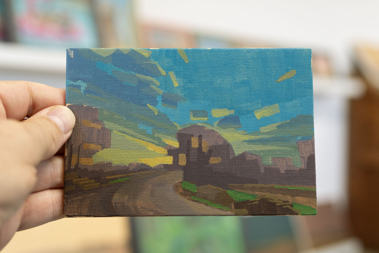 Original Gemälde – "Tiefstehende Sonne" - handgemalt – Acrylbild – 10x15 cm – Landschaft Bild – Einzelstück – mit Rahmen