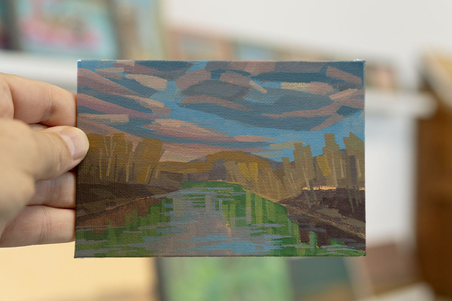 Original Gemälde "Beim Kraftwerk" – handgemalt – Acrylbild – 10x15 cm – Landschaft Bild – Einzelstück – mit Rahmen